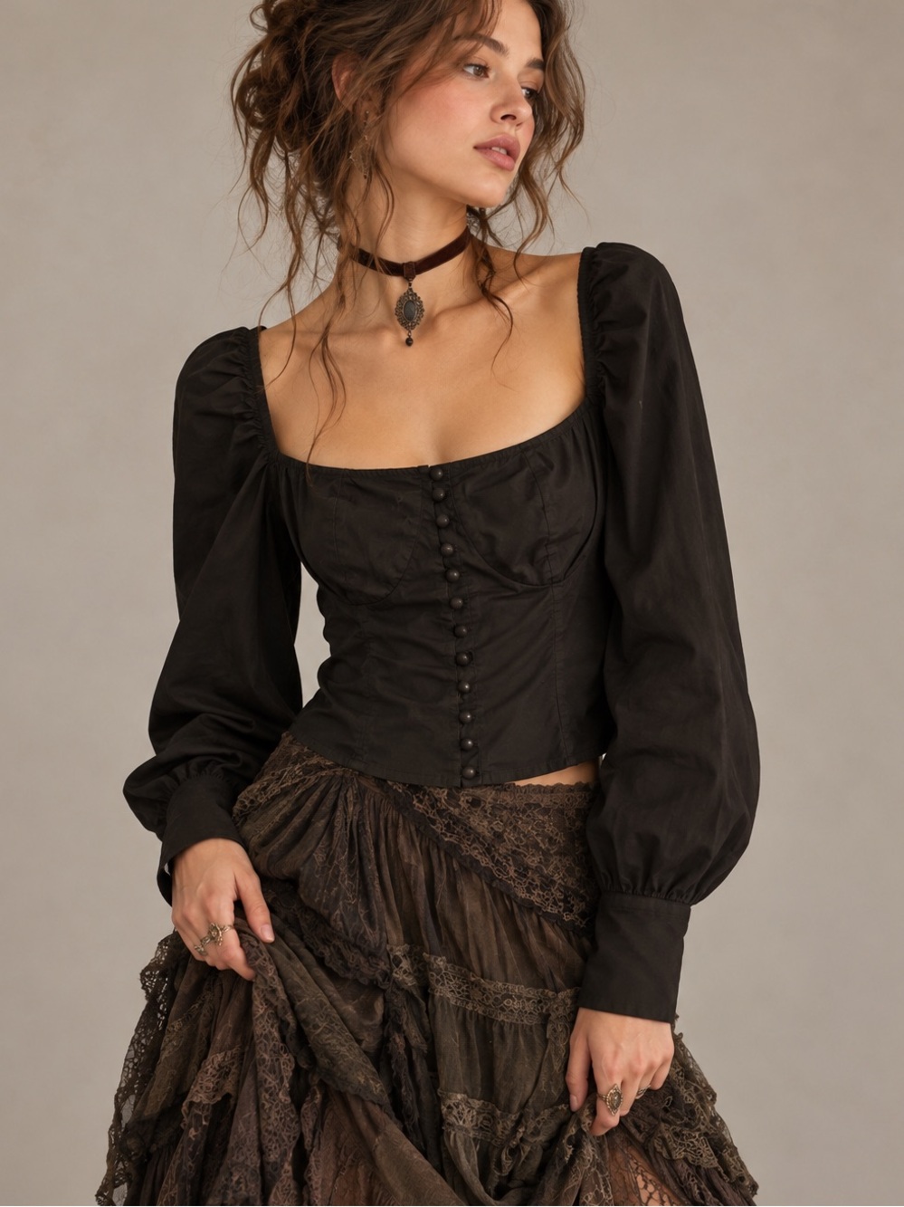 Nasty Gal Black Cotton Corset Top 8 Puff Sleeve Victorian Witchy Steampunk Goth